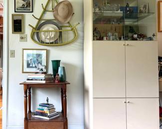 Table.Pair of  lg formica cabinets for sale.  Art, vases...