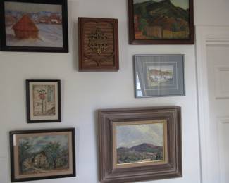 Group of house and landscape painting and one print, all sold separately. 