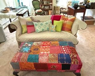 Custom bench, used as coffee table, made out of old Indian fabrics. Pillows etc . for sale