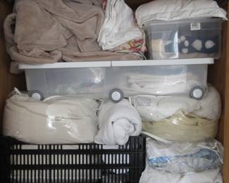 Some of Bed Linens to be laid out.  Blankets etc in other shelves..