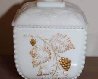 West Ireland paneled grape beaded edge  milk glass 22K gold puff boxes 