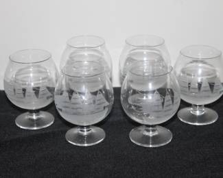 Etched crystal clipper ship sniffer cognac glasses