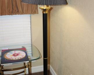 brass and glass table, floor lamp