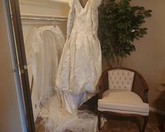 1980's wedding dress & veil - white upholstered chair