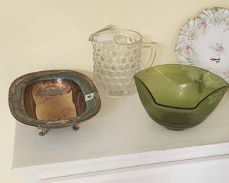 Fostoria pitcher, vintage green bowl, server, platter