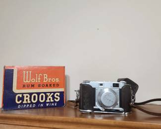 Vintage Wolf Brothers cigar box,  Aiken camera 