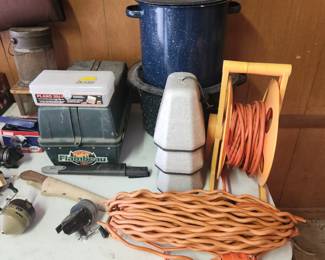Garage - large stock pots, faucet covers, cords, tackle box, cricket box & more