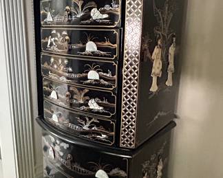 Asian Mother of Pearl Black Lacquer Jewelry Chest