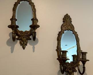 Pair of Antique Bronze Mirrored Wall Lamp Candle Sticks / Sconces 