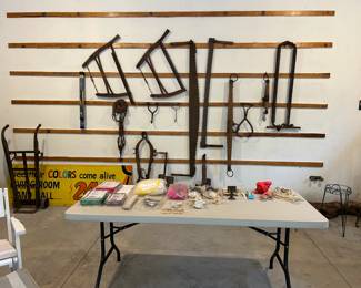 Vintage farm equipment, saws, ice hooks, boat items