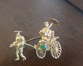 Gold and emerald 14kt Asian rickshaw pin
