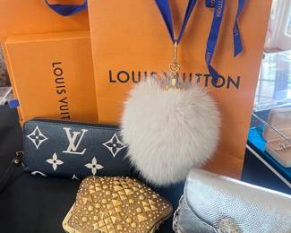 Pink Mink Louis Vuitton Purse Charm and Giant Monogram Emprente Zippy Wallet / Gucci Bronze Bag / Judith Leiber Metallic