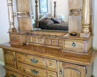 4 poster queen bed suite with matching dresser, chest of drawers, two night stands