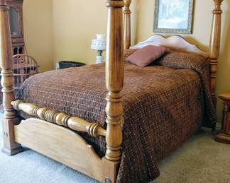 4 poster queen bed suite with matching dresser, chest of drawers, two night stands, and lingerie dresser