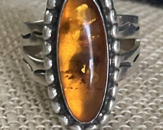 Sterling Silver & Amber Ring, Sz 9 12.43 g.