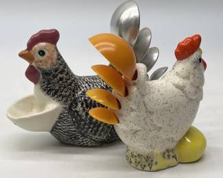 (2) Vtg Ceramic Chicken Measuring Spoon Holders