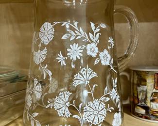 1960s -1970s Glass Drink Pitcher White Flower Pattern 