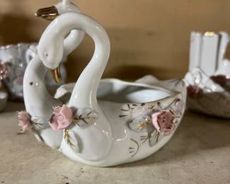 porcelain swan duo trinket box with rose 