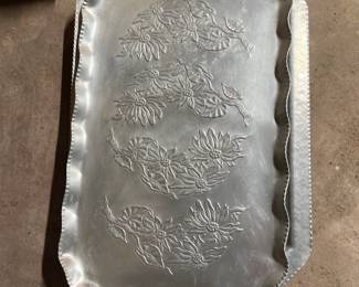 Vintage hammered aluminum floral design two handled tray 