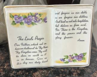Vintage Rare Violets w/ Gold trim The Lords Prayer Open Book Ceramic 