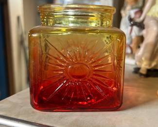amber to red ombre glass lidded jar 