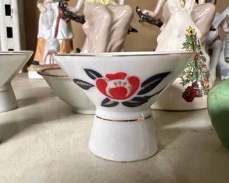 vintage japanese sake set ozeki orange and green floral lotus 