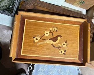 vintage rectangular wooden tray with birds 