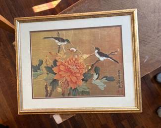 asian bird & flora painting on silk 