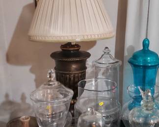 LAMP & TONS OF DECORATOR GLASSWARE & CANDLE STICKS