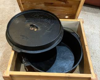Cabelas 16 quart cast iron Dutch oven in a wood crate. 