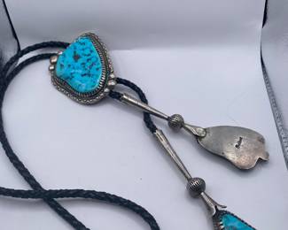 Exceptional turquoise bolo; stone over 3"; signed