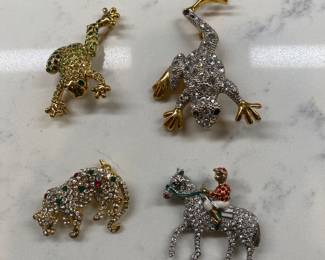 Signed animal and rhinestone brooches 