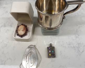 Victorian garnet pendant; English sterling tankard 