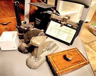 Vintage office items. Notary stamp, scales, staplers
