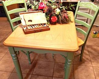 3 pcs. pine top table w/ painted chairs