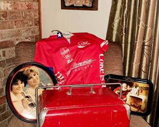 Coca-Cola collectibles. Vintage Coke cooler w/ tray, Coke trays, Coke wall clock and misc. Coke collectibles