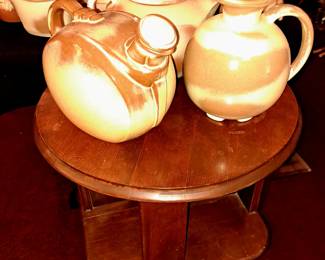 Frankoma ball pitcher w/lid, tea pot w/lid and decanter w/lid. Vintage library table w/swirling shelf