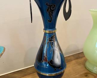 Vintage Brass Blue Enamel Vase