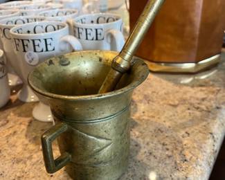 Vintage bronze stupa ; antique bronze tolkushka pestle and mortar