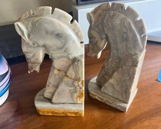 Vintage 6" Carved Alabaster Onyx Marble Stone Trojan Horse Head Bookends
