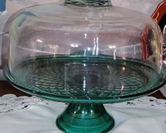 Vtg Anchor Hocking Wexford Cake Plate Emerald Green Stand Clear Dome Punch Bowl 

