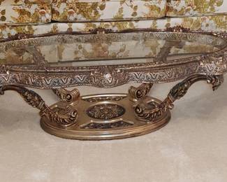 Hollywood regency glass & wood coffee table 