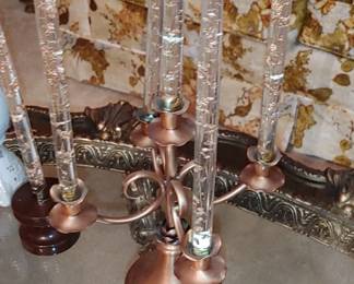 Beautiful copper finish mid-century modern copper candelabra with lucite candlesticks with copper flakes