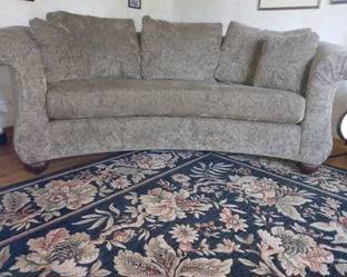 Walter E Smithe custom made sofa. 90 X 45. EXCELLENT used condition. Neutral shade and elegantly upholstered with a timeless fluer de lis pattern. Rolled arms. Carved mahogany feet. In smoke-free home. No rips, stains or obvious use. Like new condition. Originally priced at $2700