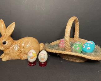 Ceramic Easter basket, bunny, painted eggs