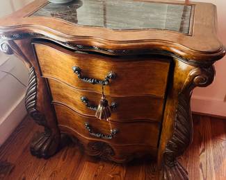 AICO marble top inlay night stand with lions paw feet and lined drawers