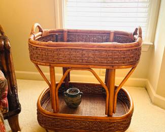 Two tiered faux bamboo and wicker side table