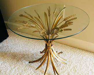 Mid century Italian gilt Coco Chanel style sheaf of wheat pair of glass top side tables