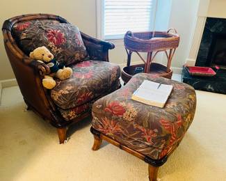 British colonial style faux bamboo and wicker lounge chair with ottoman