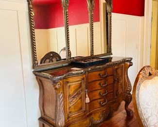 AICO by Michael Amini marble top tall sideboard , 66 x 191/2 “, lion paw feet